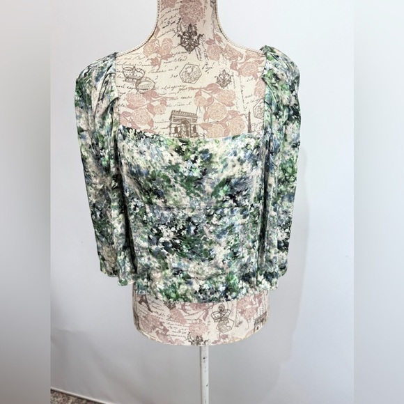 VINCE Green and blue floral print puff sleeve square neck top size 4 - Picture 10 of 15